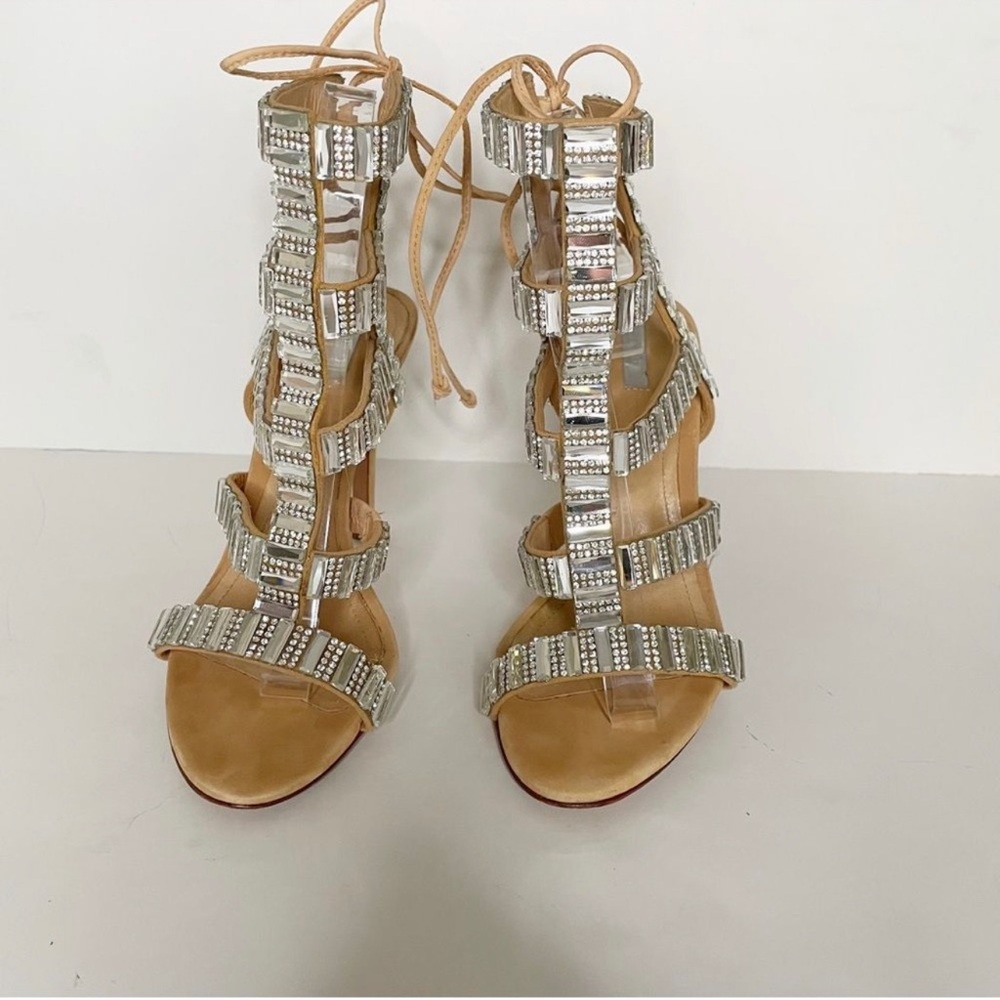 SCHUTZ Suede Paloma Wrap Heels, Color: Oyster, 40 EU/9 US Embellished St… - Picture 9 of 12